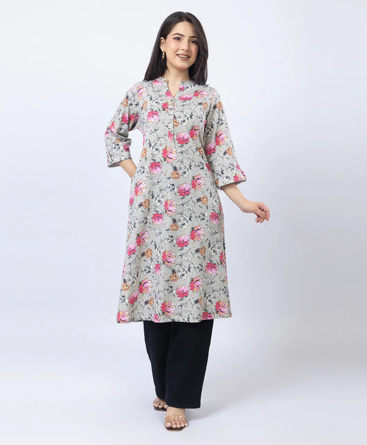Floral Print Straight Silhouette Long Kurti