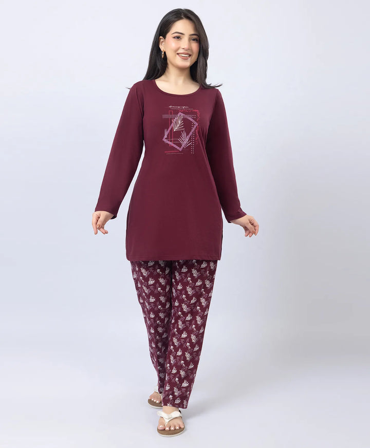 Elegant Printed Round-Neck Night Suit