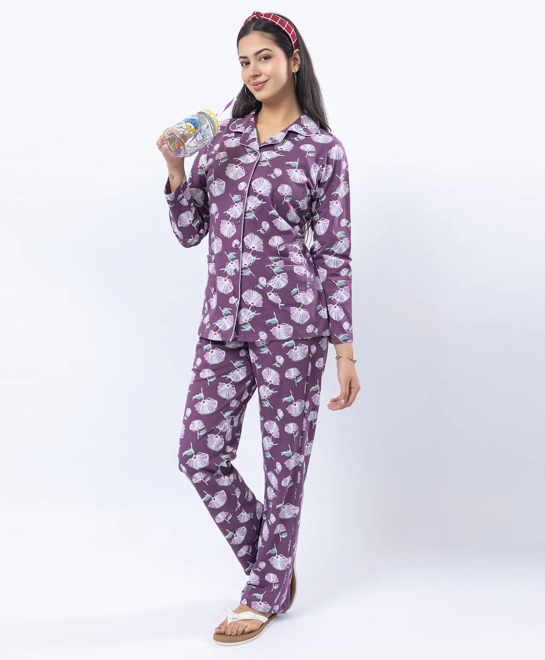 Printed Night Suit with Contrast Piping & Pockets