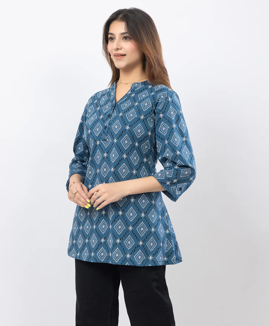 Printed Front-Placket Hip-Length Short Kurti