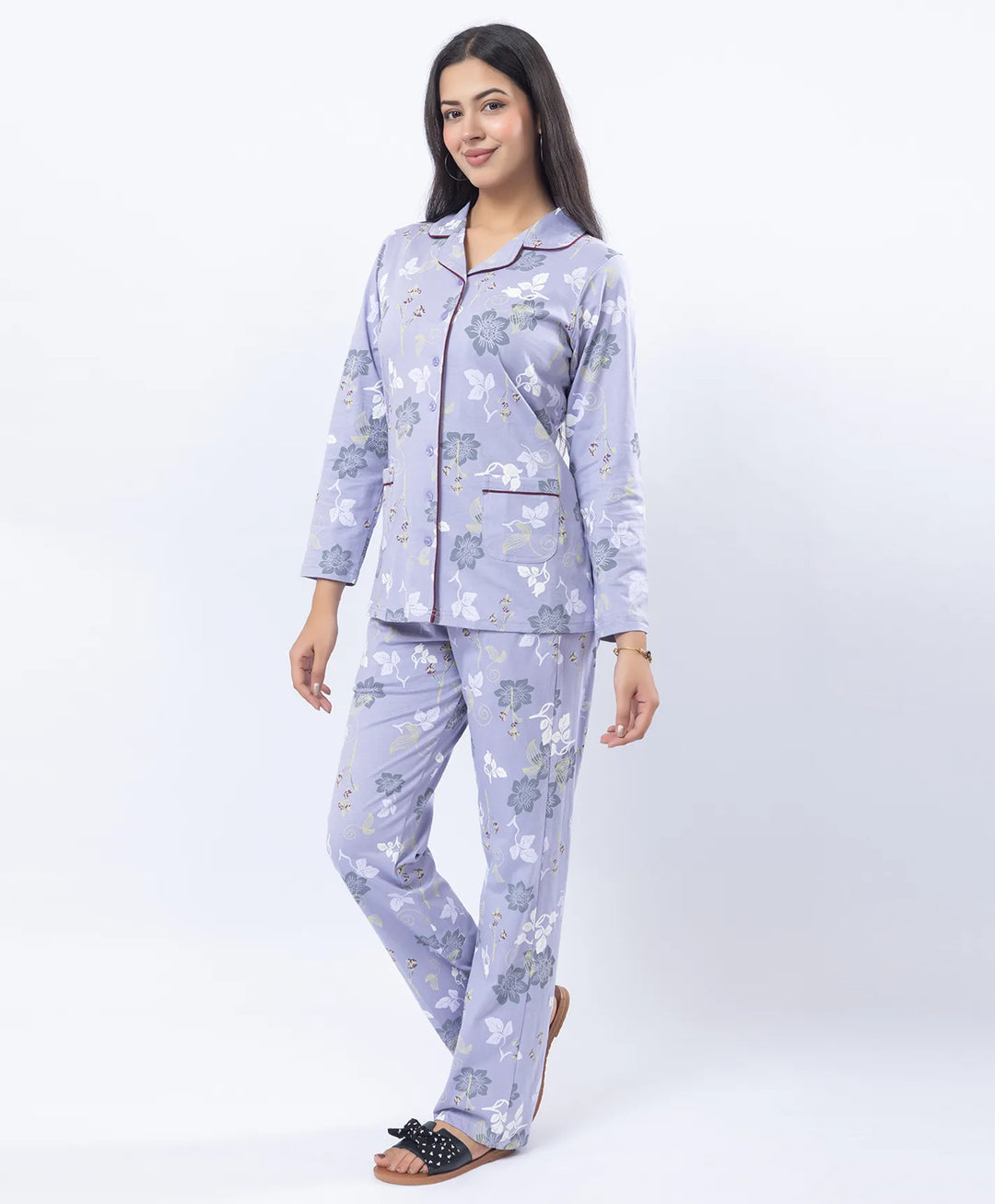 Printed Night Suit with Contrast Piping & Pockets