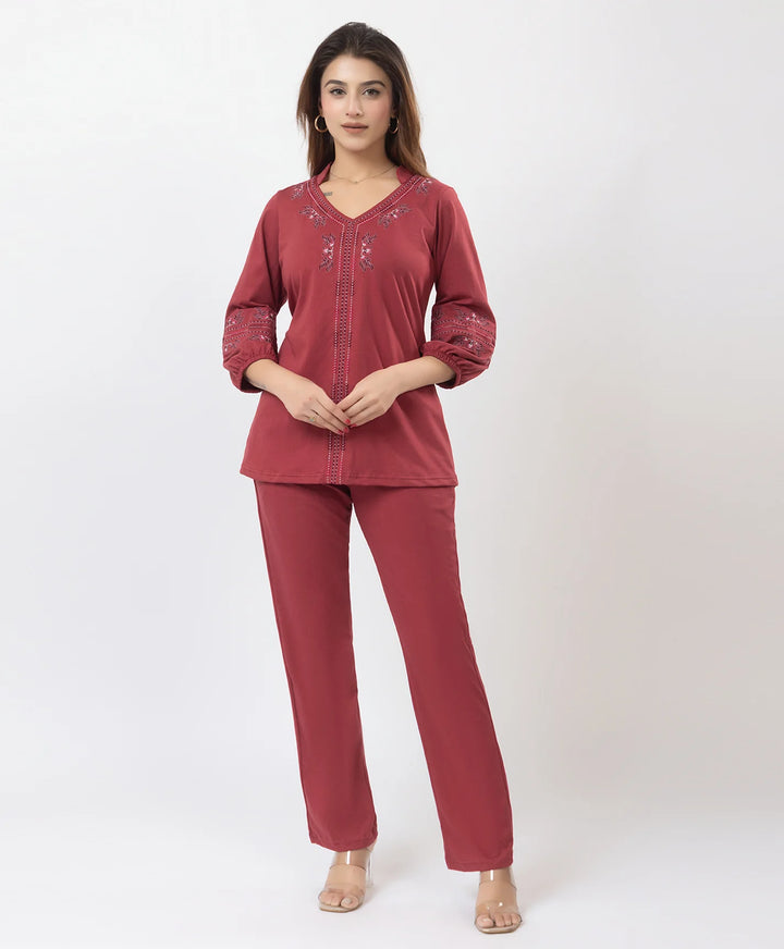 Elegant V-Neck Embroidered Co-Ord Set