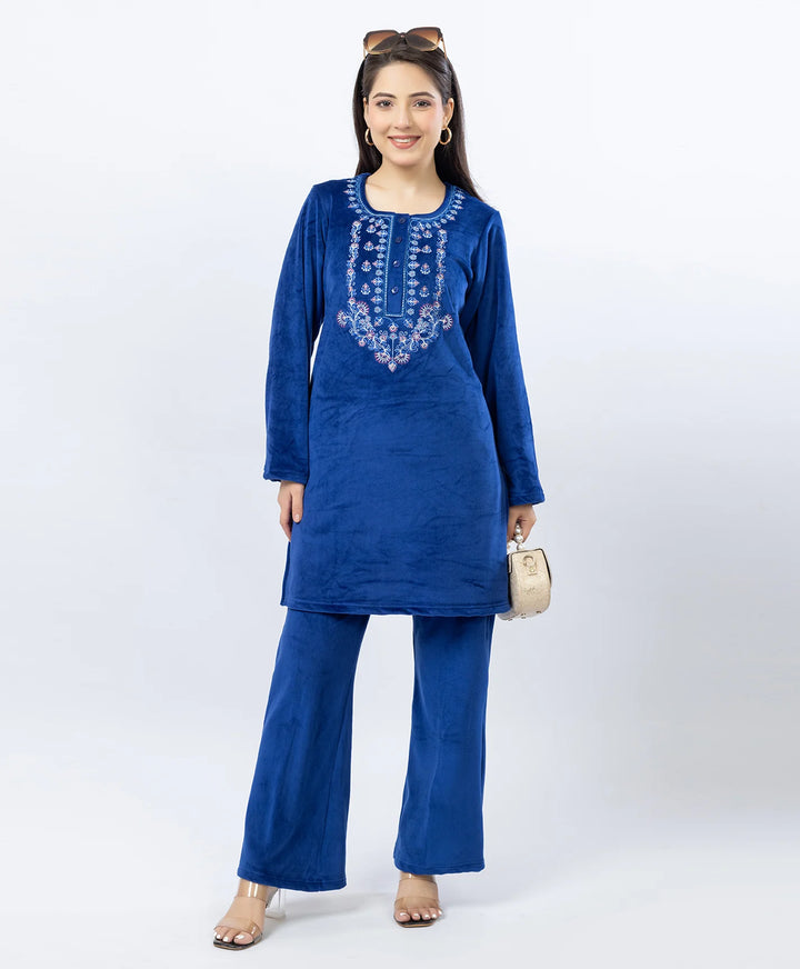 Round Neck Buttoned Kurta and Trouser Set with Embroidery & Pockets.