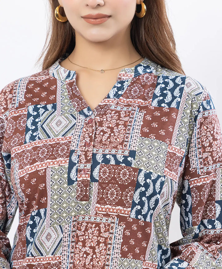 Printed Front-Placket Hip-Length Short Kurti