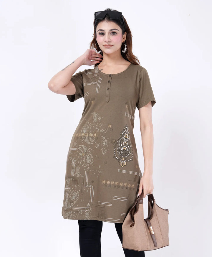 Elegant Printed Button-Neck Straight Long Top