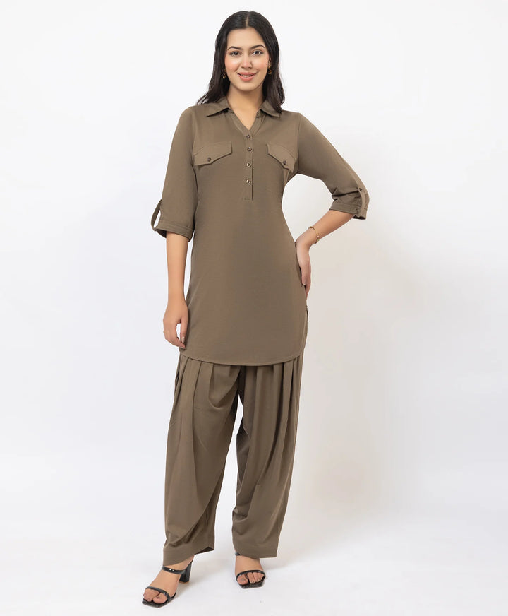 Collared Pathani Kurta with Relaxed Draped Salwar