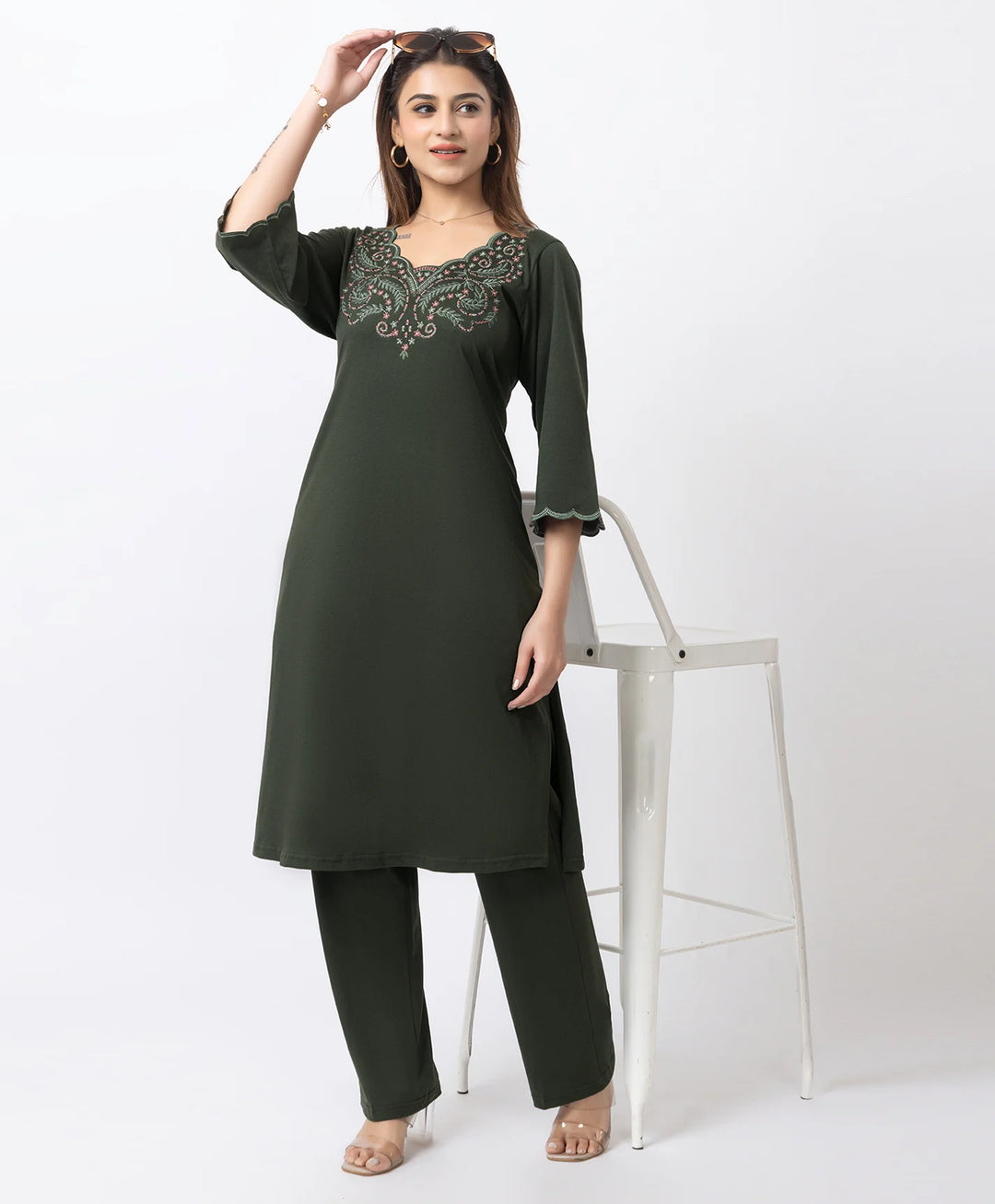 Graceful Long Kurta Set with Embroidered Neckline