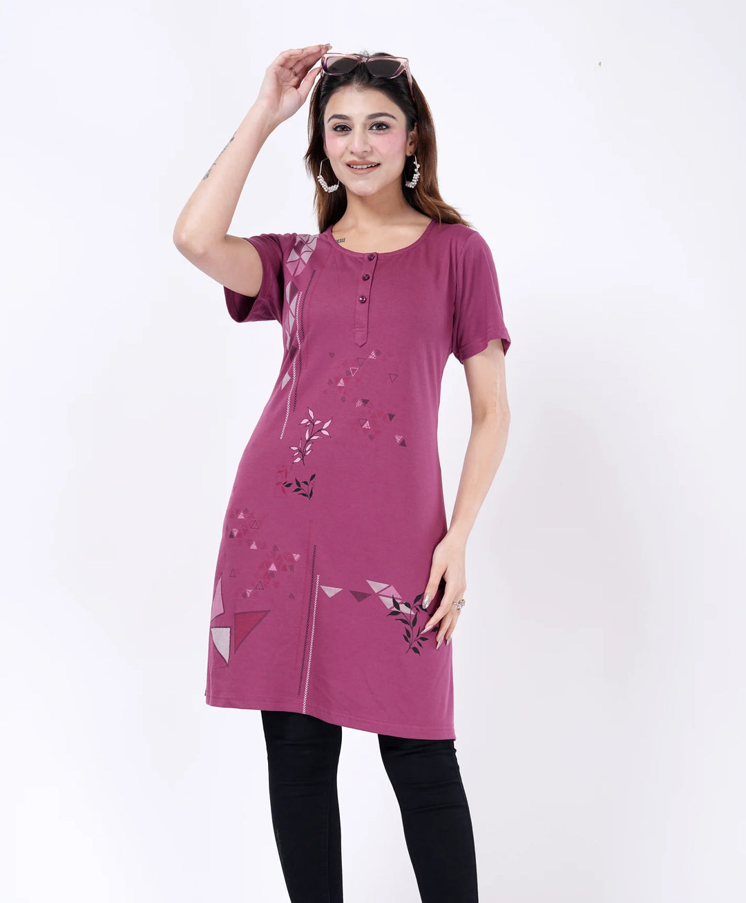 Elegant Printed Button-Neck Straight Long Top