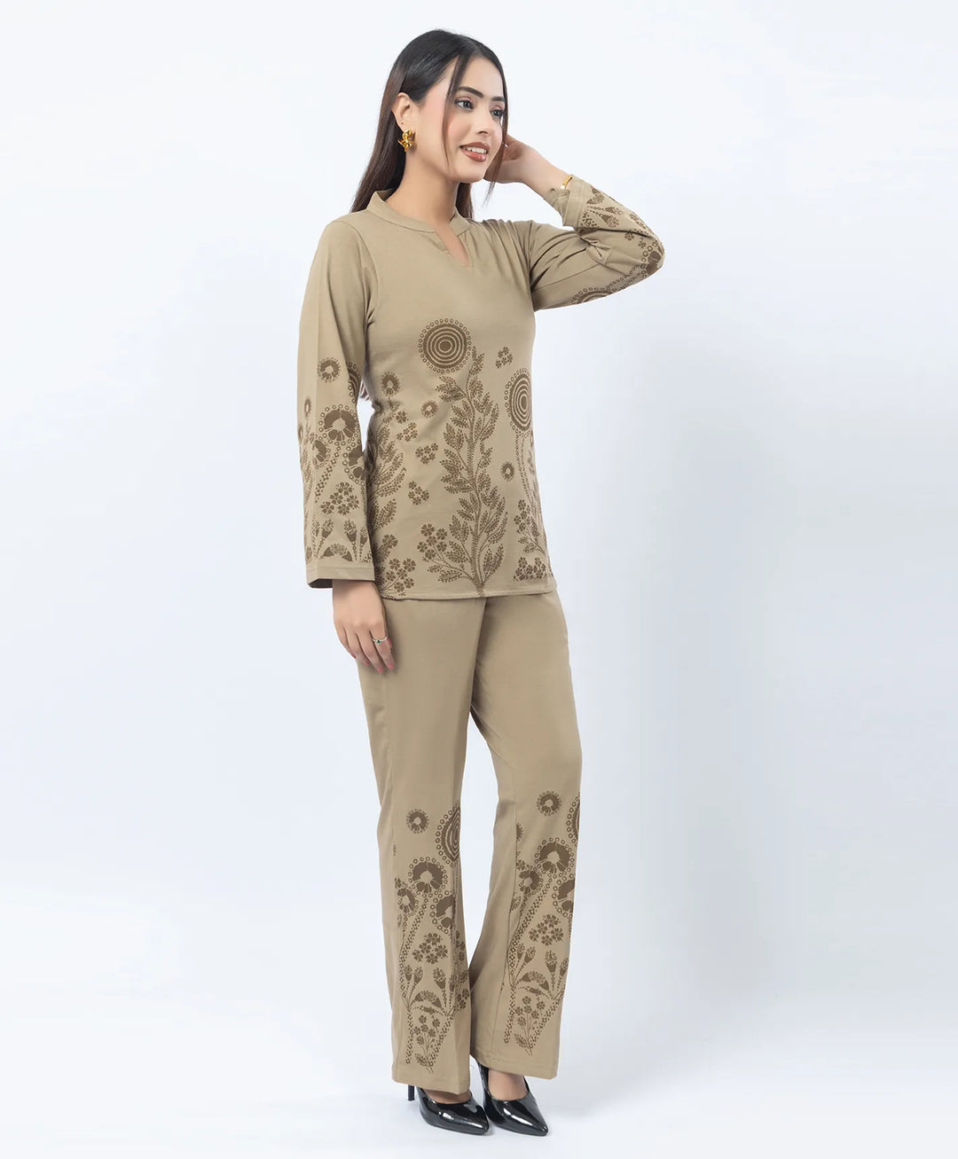 V-Notch Floral Tunic & Coordinated Printed Bottom Co-Ord Set