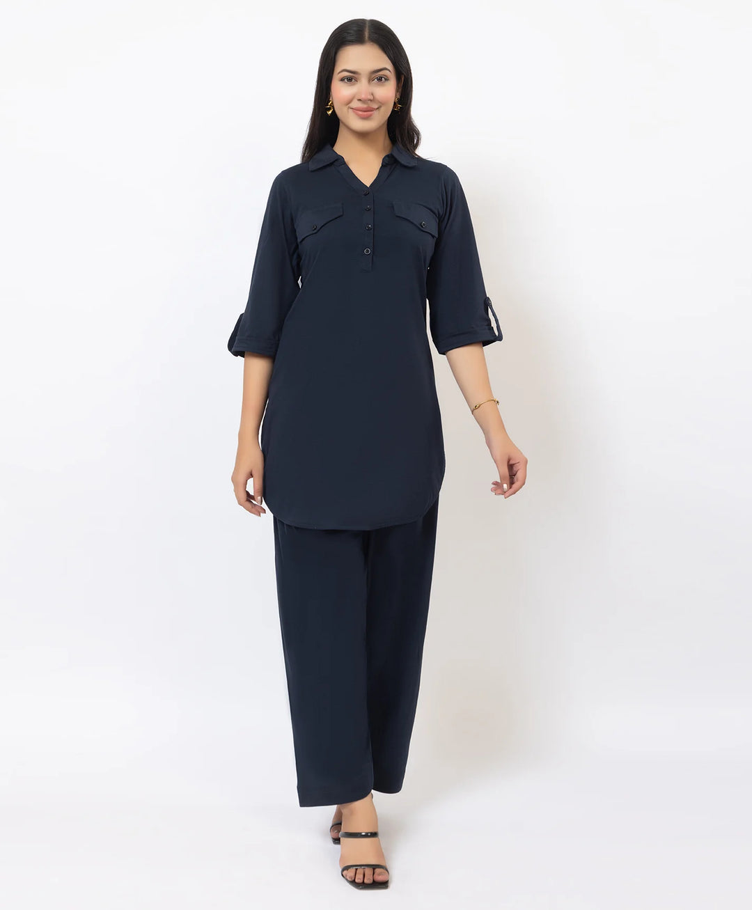 Collared Pathani Kurta with Relaxed Draped Salwar