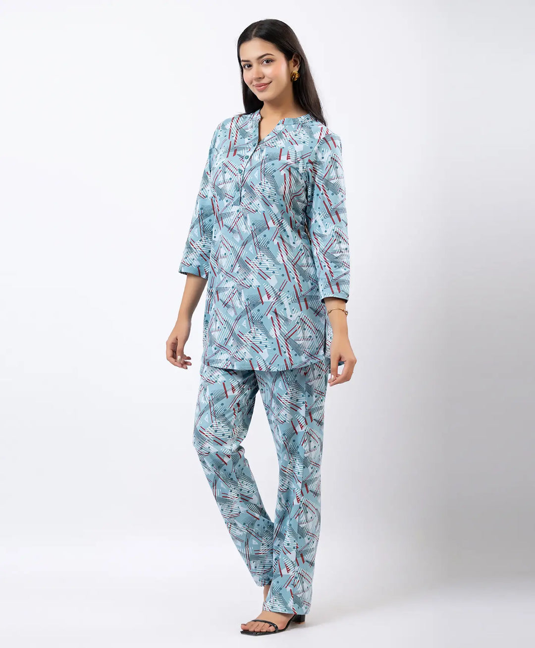 Relaxed Fit Printed Notch Neck Kurta & Straight Pants Set