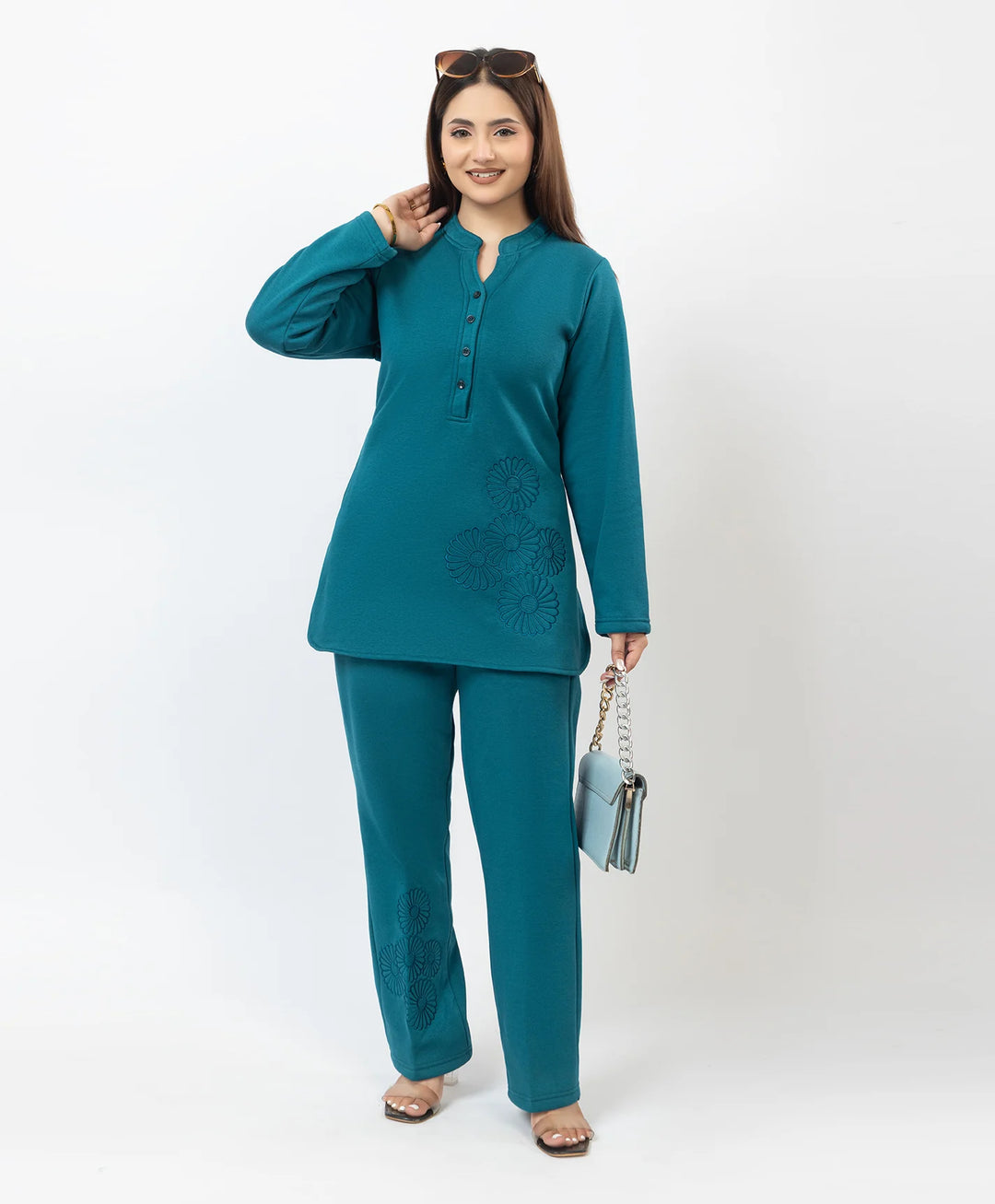 Band Collar Floral Embroidered Kurta and Straight Pants Set