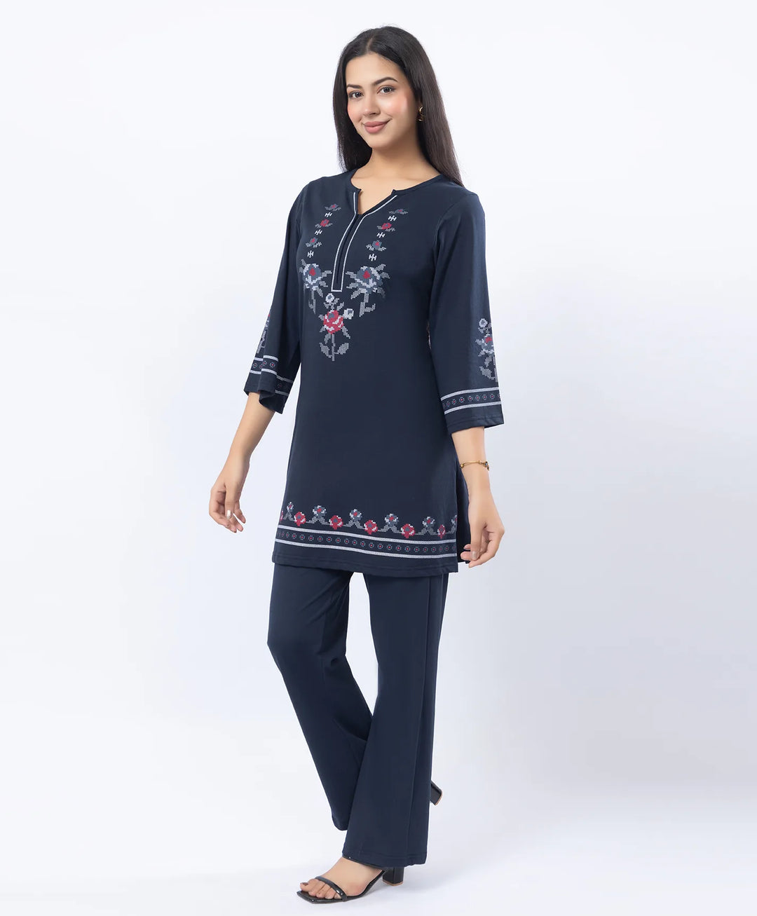 Floral Cross-Stitch Effect Pattern Printed Kurta Set