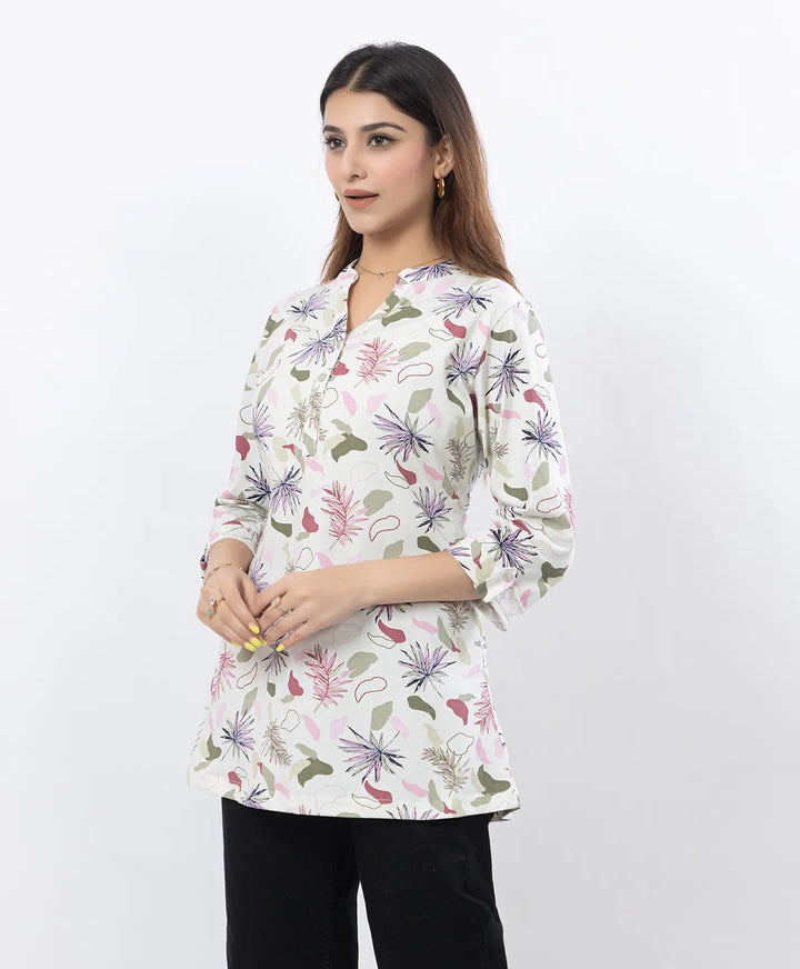 Printed Front-Placket Hip-Length Short Kurti