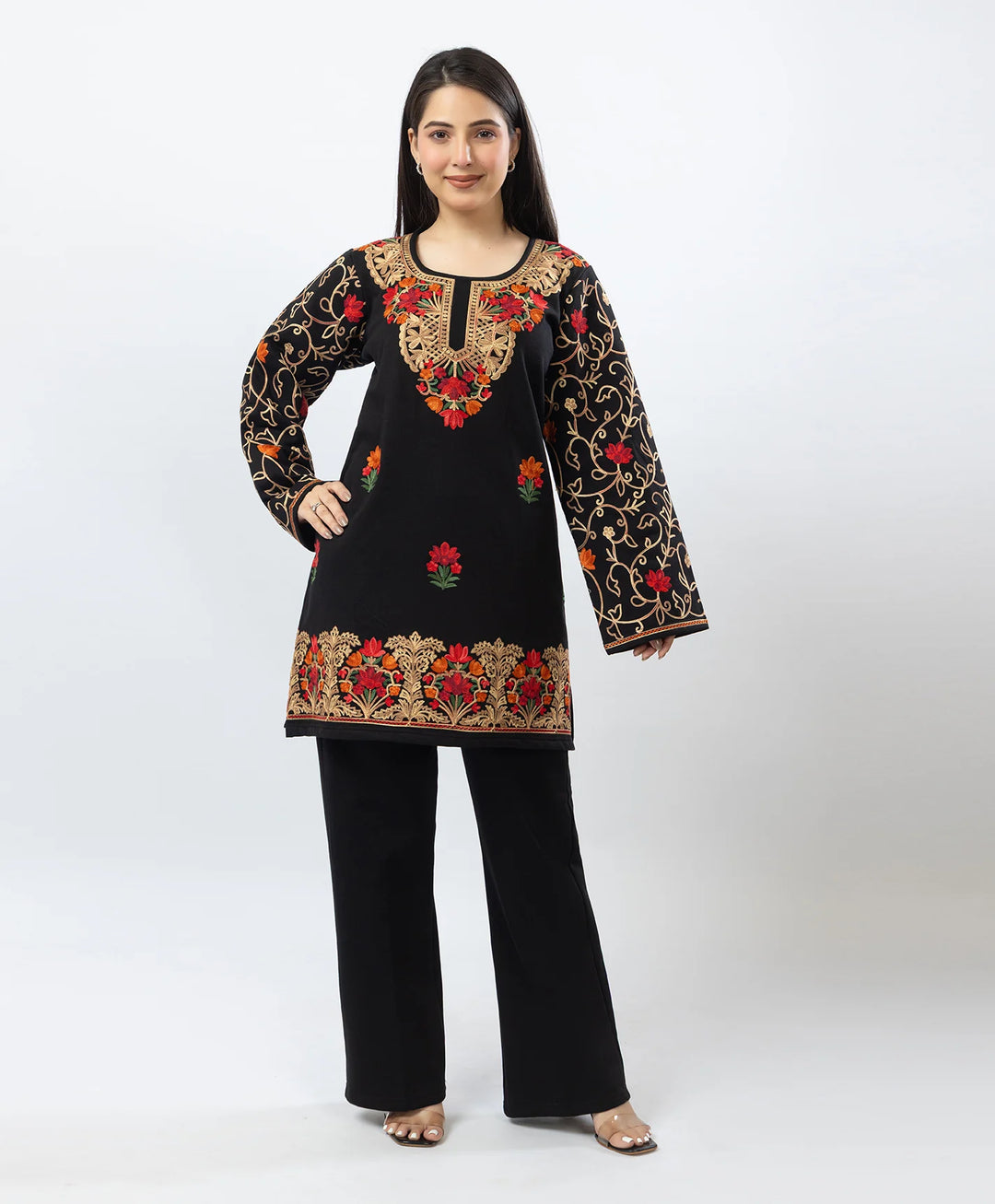 Kashmiri Floral Embroidered Fleece Kurta Set