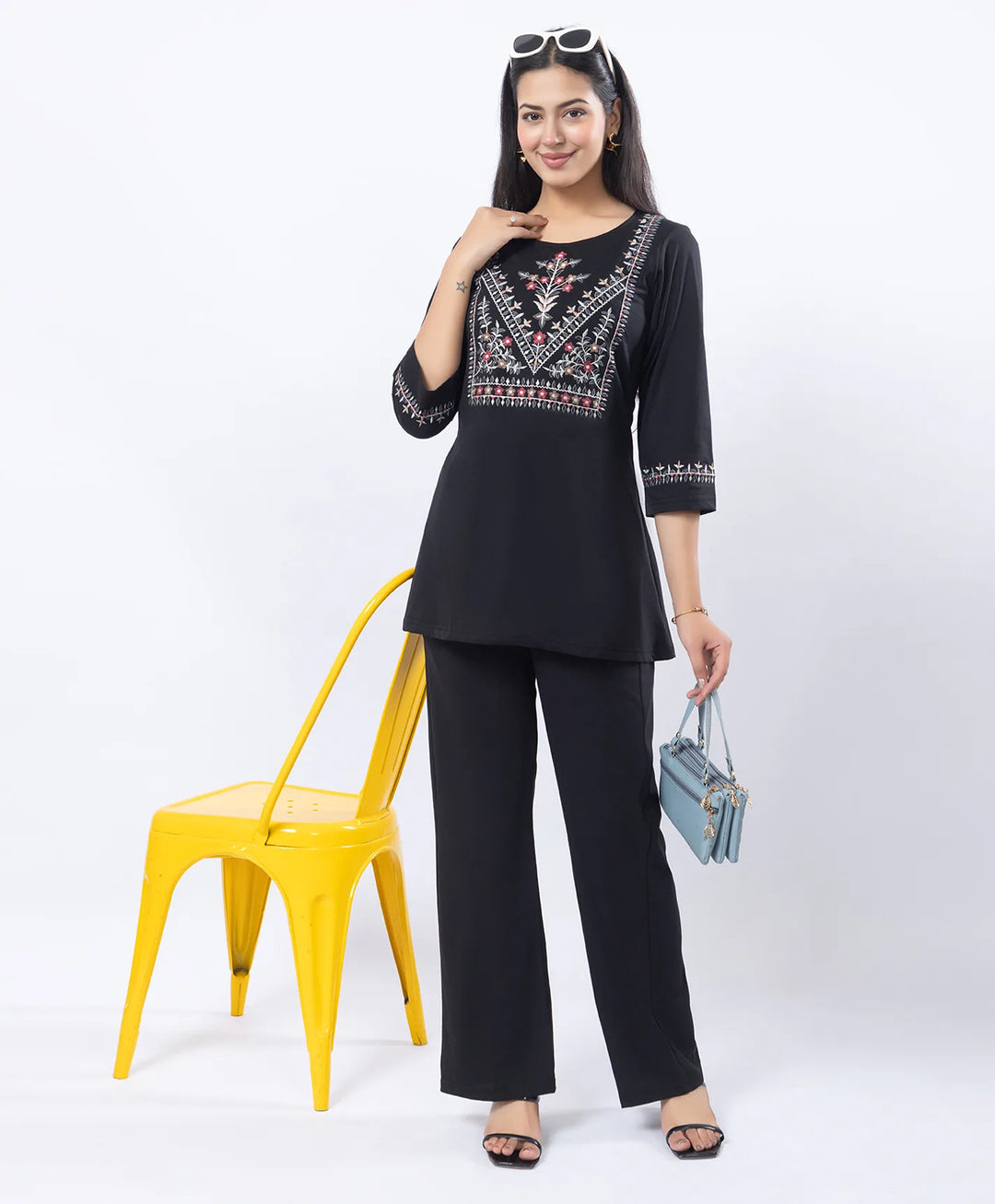 Premium Round Neck Embroidered Straight-Fit Co-Ord Set