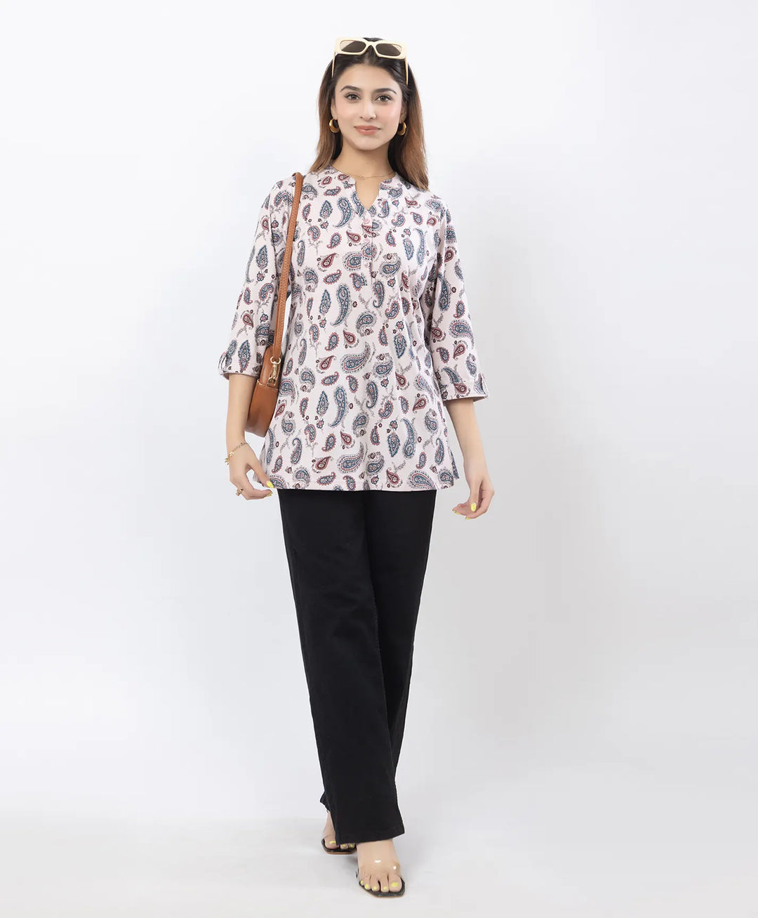 Printed Front-Placket Hip-Length Short Kurti