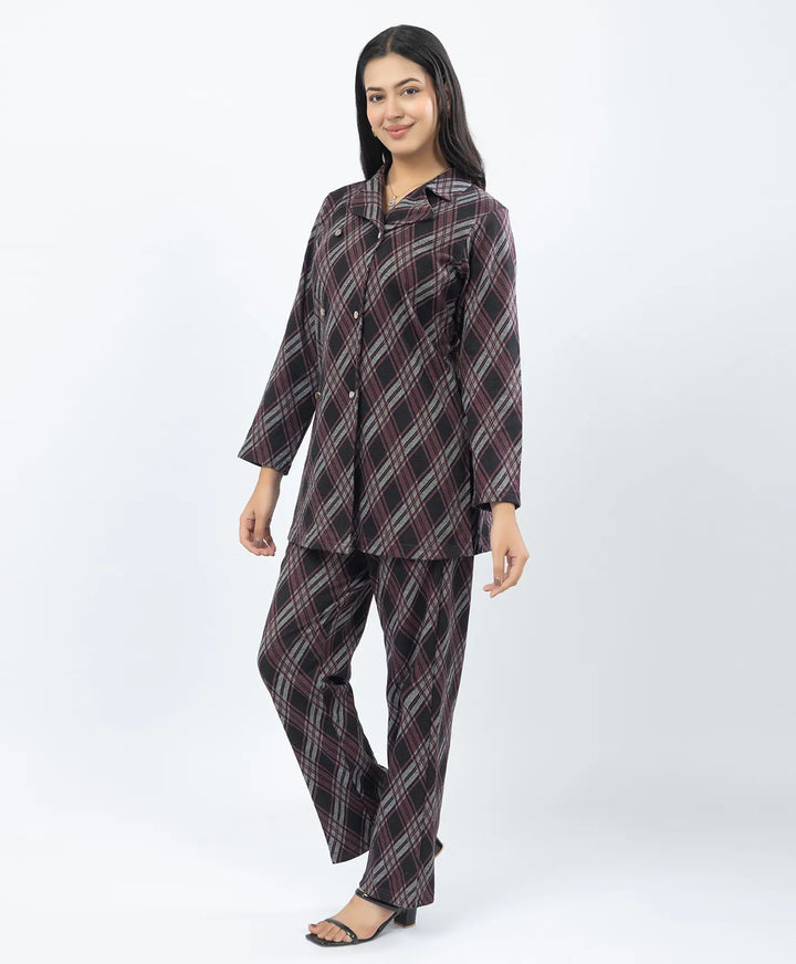 Checkered Co-Ord Set with Double-Button Front Placket & Straight Pants