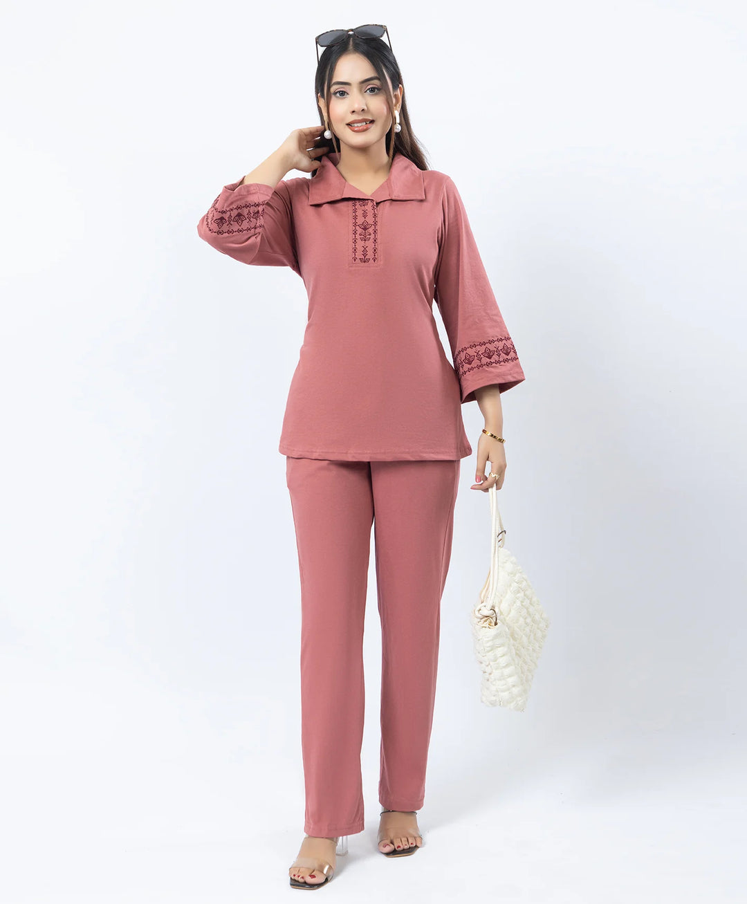 Straight Fit Collared Co-Ord Set with Embroidered Placket & Cuffs