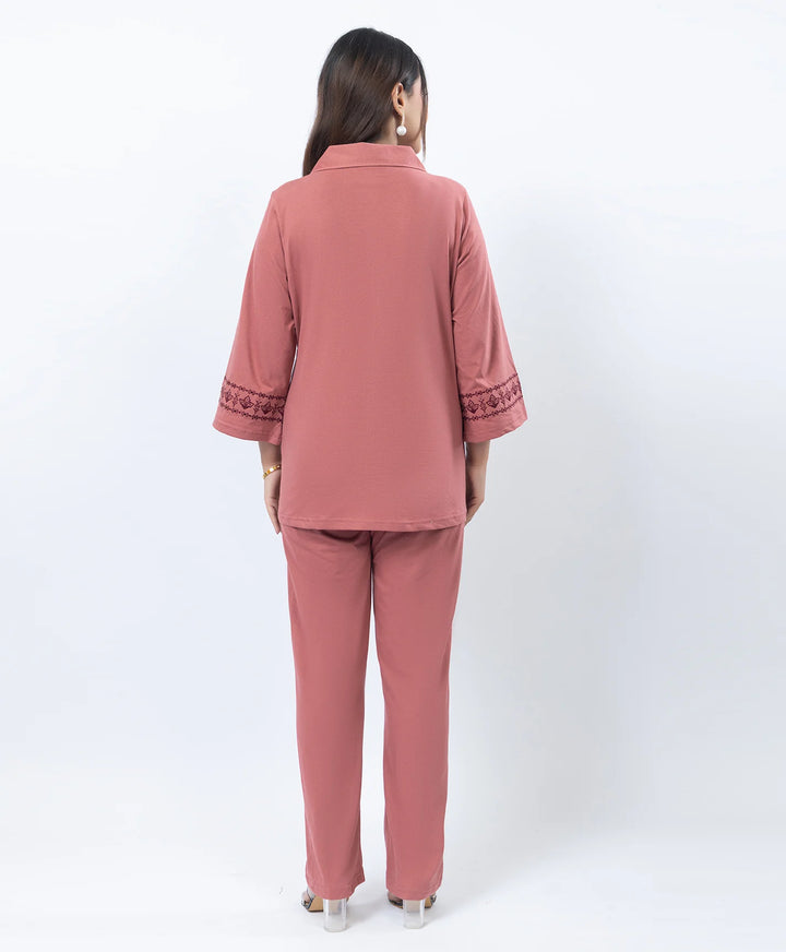 Straight Fit Collared Co-Ord Set with Embroidered Placket & Cuffs