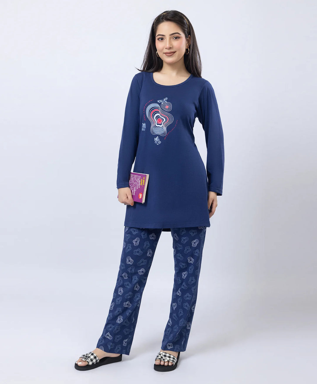 Elegant Printed Round-Neck Night Suit