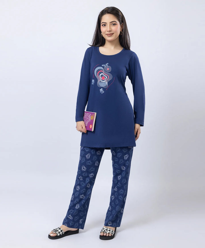 Elegant Printed Round-Neck Night Suit