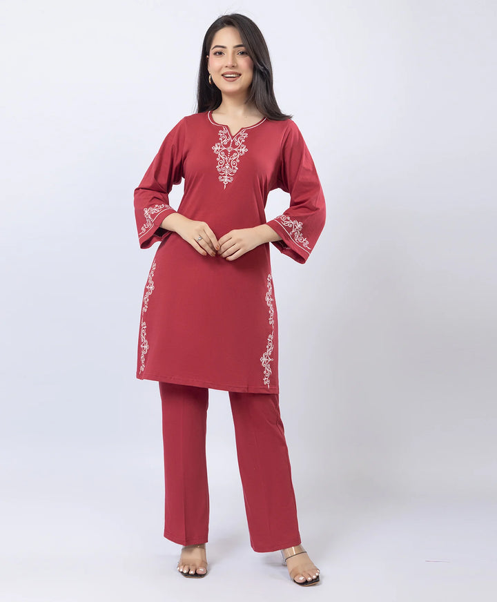 Embroidered V-Slit Straight Kurta Set