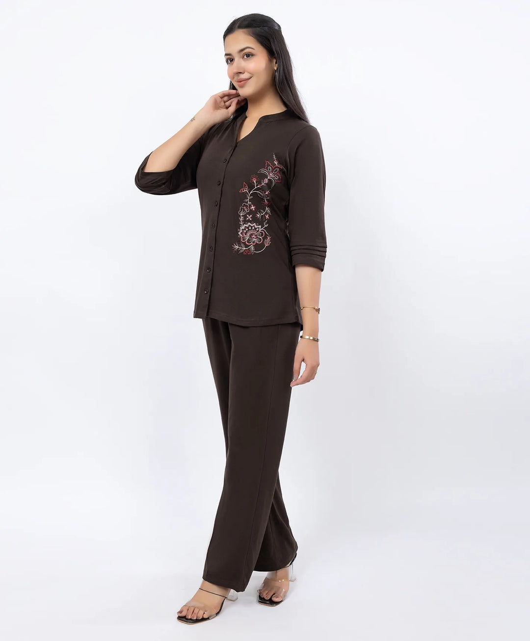 Front-Open Casual Embroidered Co-Ord Set