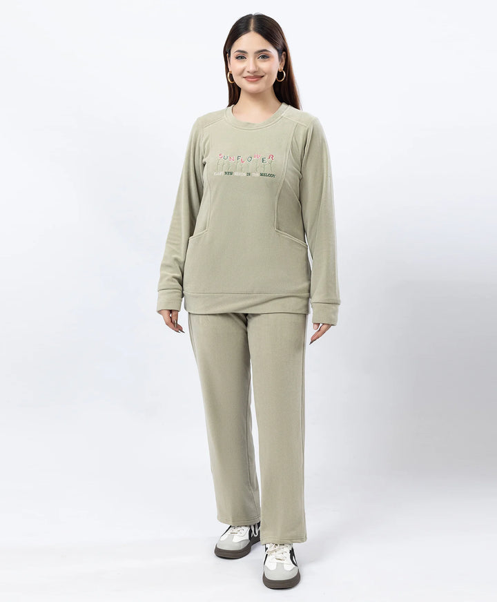 Round Neck Embroidered Tracksuit with Front Pocket