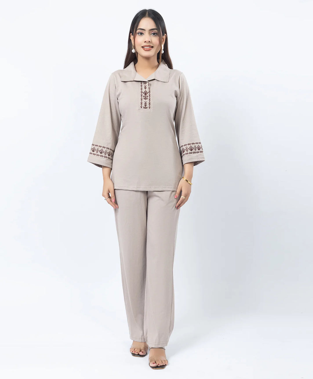 Straight Fit Collared Co-Ord Set with Embroidered Placket & Cuffs