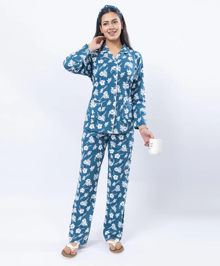 Printed Night Suit with Contrast Piping & Pockets