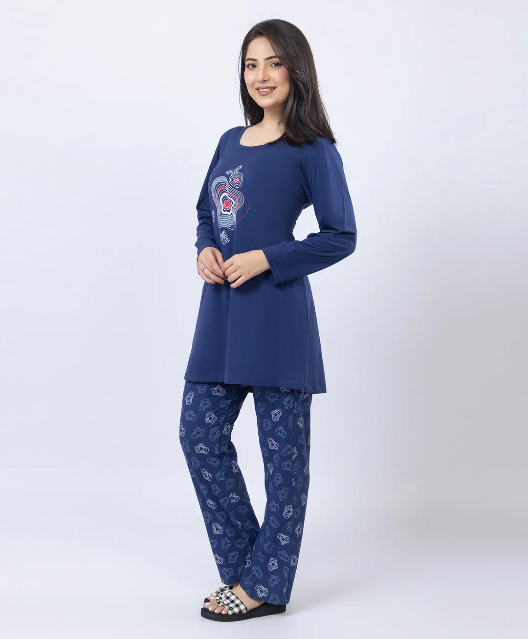 Elegant Printed Round-Neck Night Suit