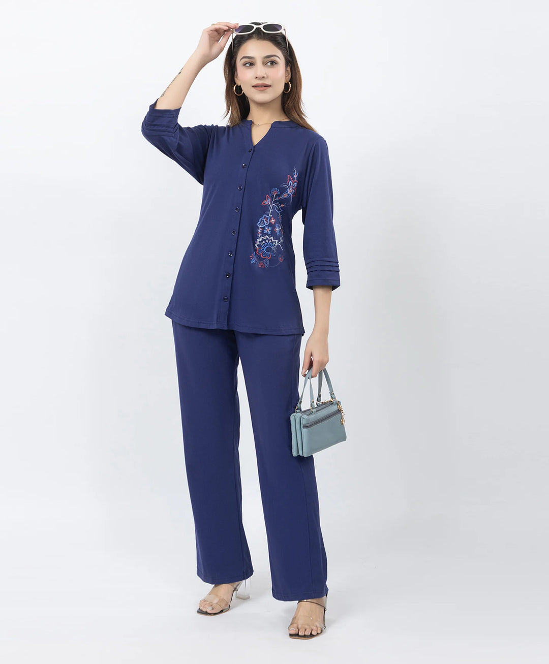 Front-Open Casual Embroidered Co-Ord Set