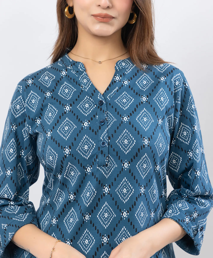 Printed Front-Placket Hip-Length Short Kurti