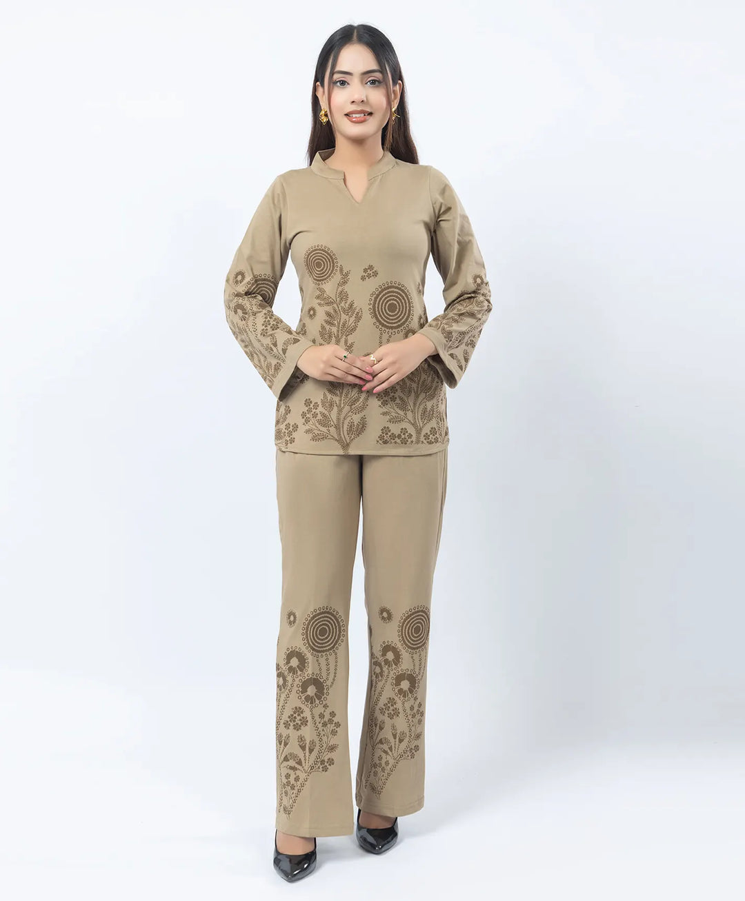 V-Notch Floral Tunic & Coordinated Printed Bottom Co-Ord Set