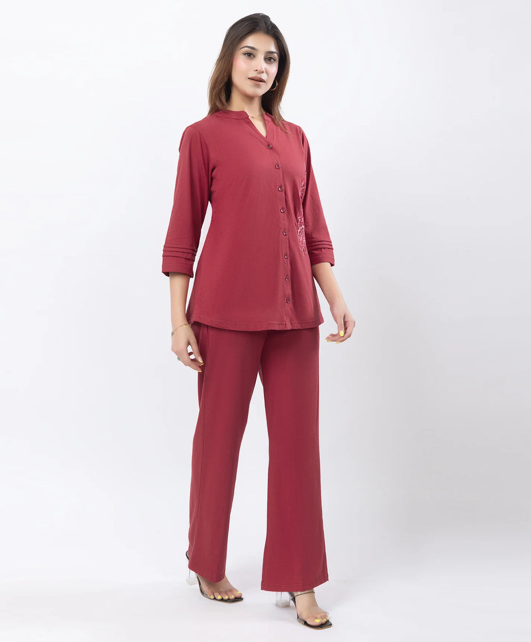 Front-Open Casual Embroidered Co-Ord Set
