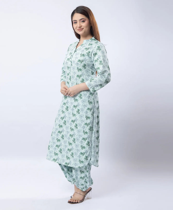 Mandarin Collar Quarter Sleeve Floral Kurti & Narrow Ankle Hem Afghani Suit