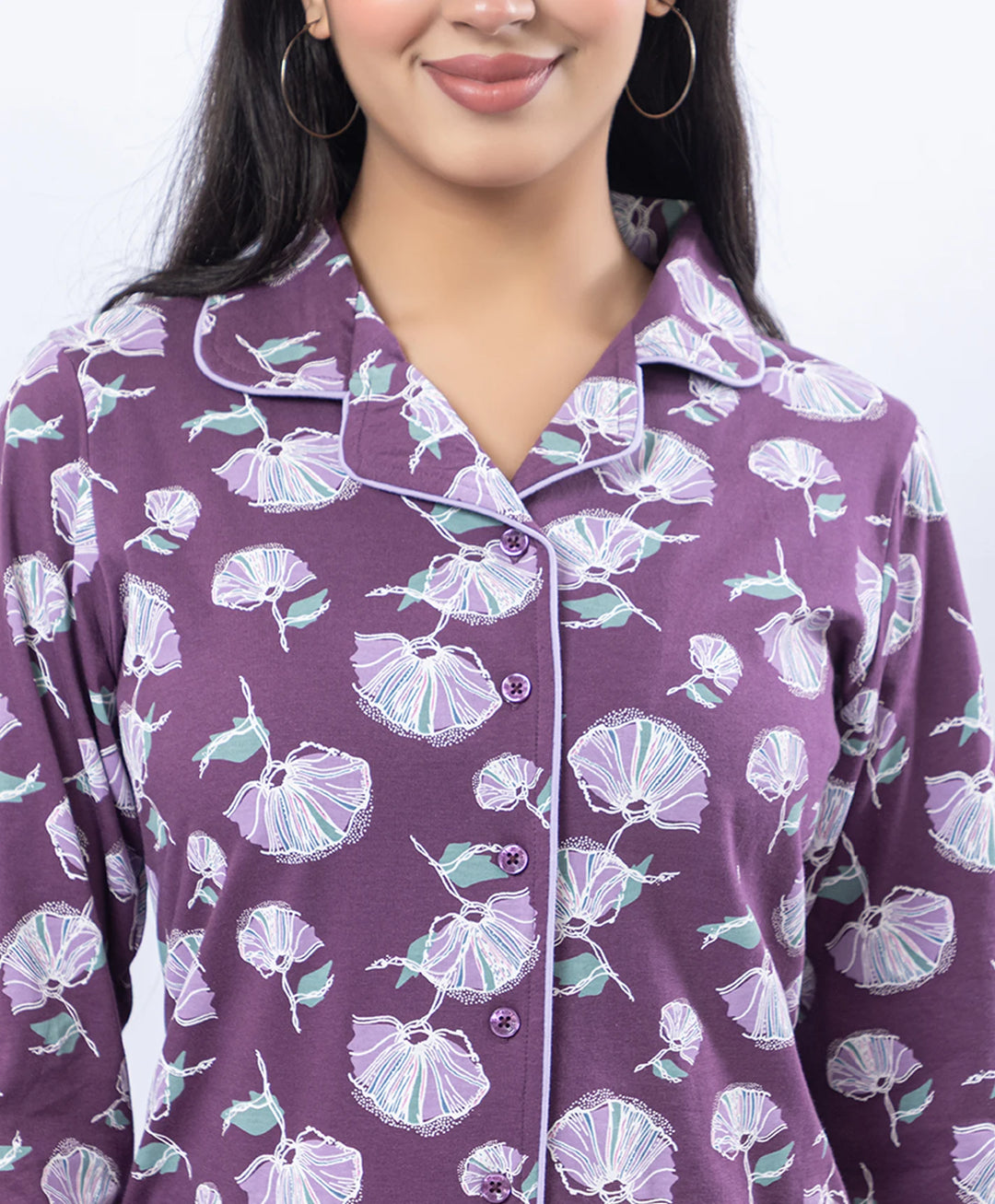 Printed Night Suit with Contrast Piping & Pockets