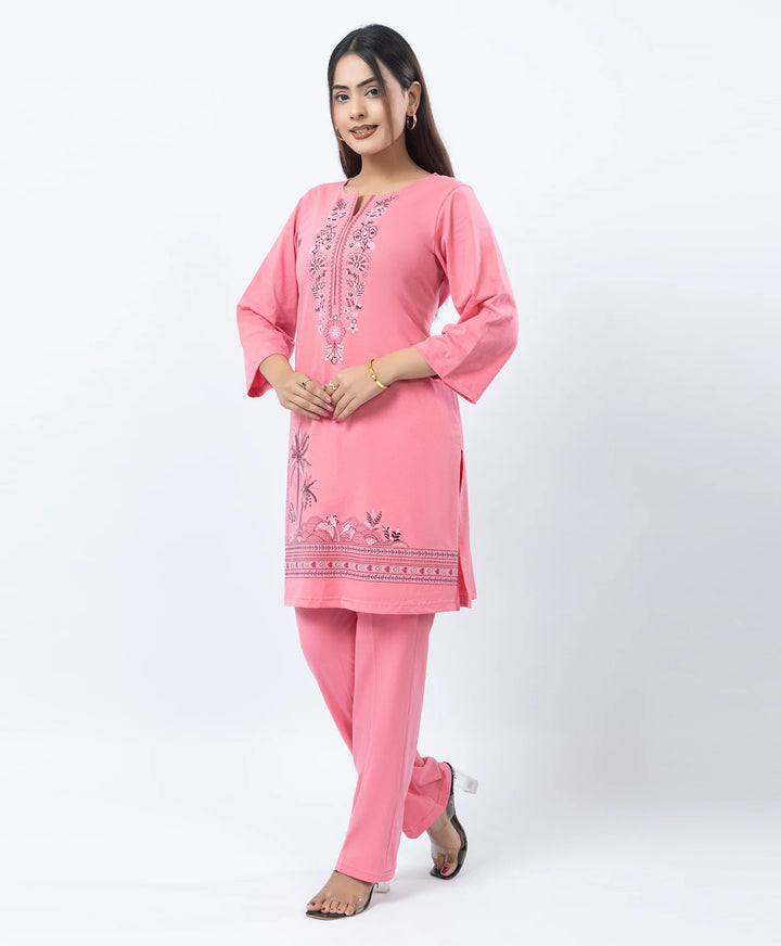 Premium Round Neck Border Printed Kurta Set with Straight-Fit Pants