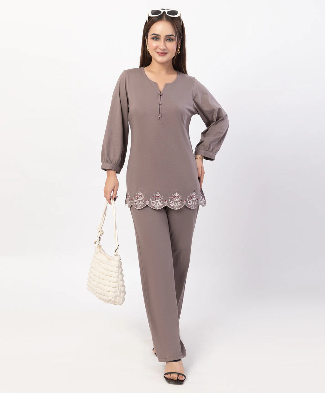 Floral Cut Work Hem Kurta Set with fitted Cuffed Sleeves