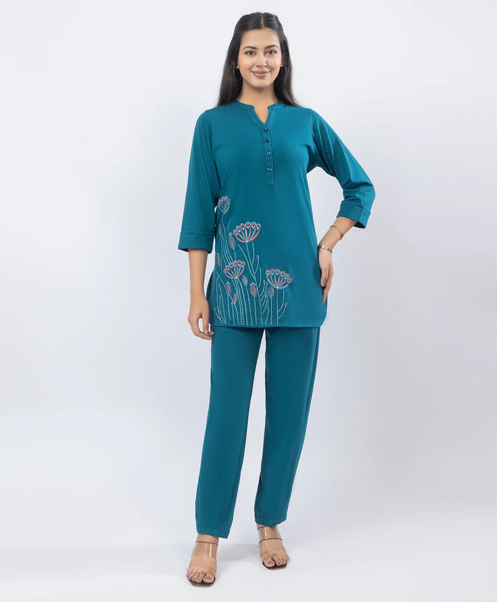 Premium Floral Embroidered Mandarin Collar Kurta Set