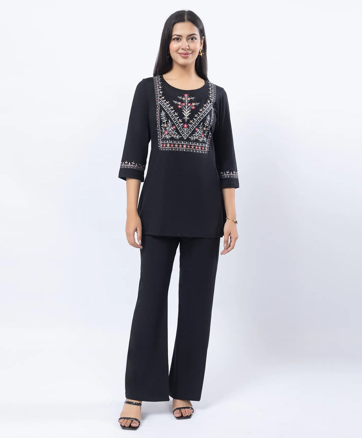 Premium Round Neck Embroidered Straight-Fit Co-Ord Set