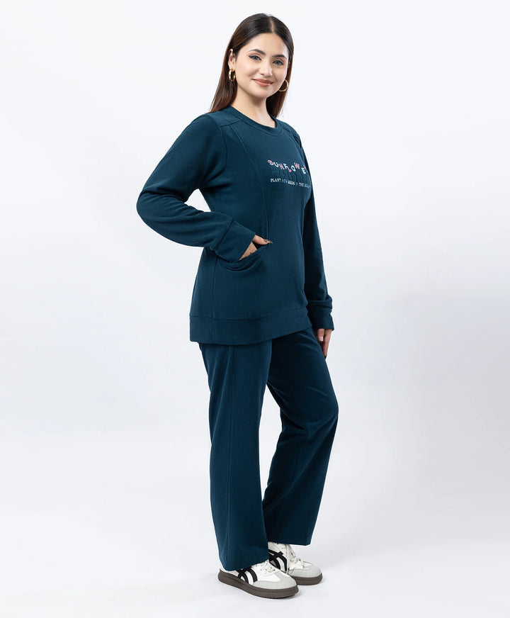 Round Neck Embroidered Tracksuit with Front Pocket