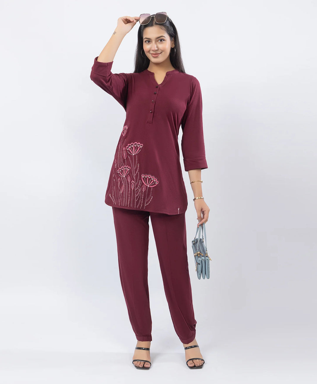 Premium Floral Embroidered Mandarin Collar Kurta Set