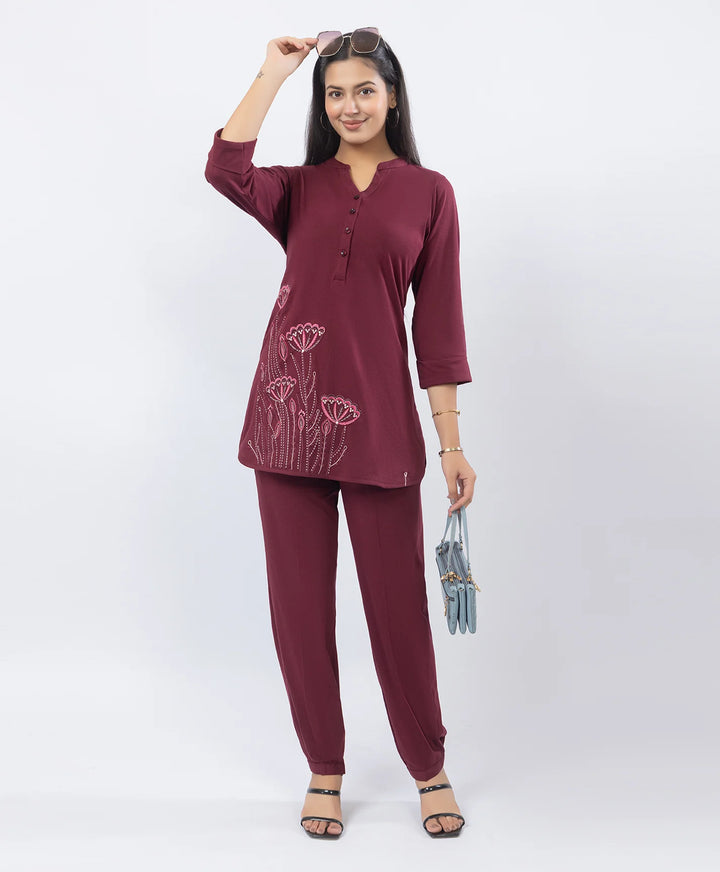 Premium Floral Embroidered Mandarin Collar Kurta Set