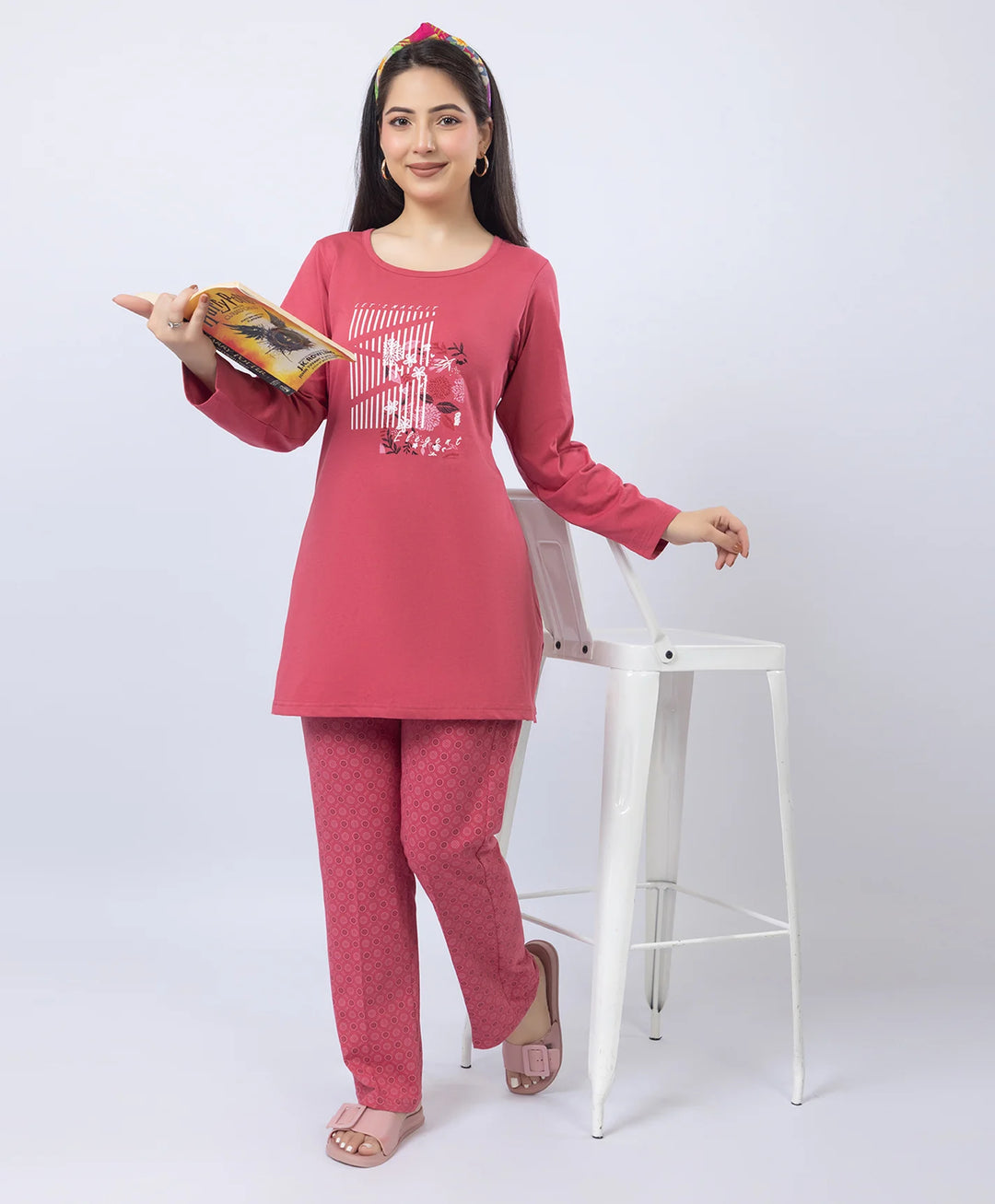 Elegant Printed Round-Neck Night Suit