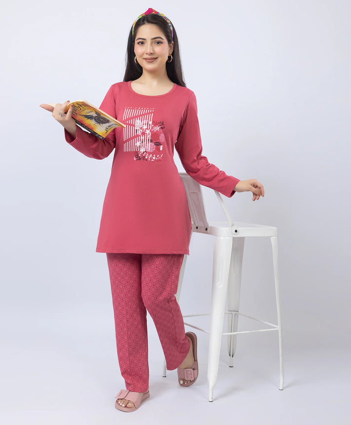 Elegant Printed Round-Neck Night Suit