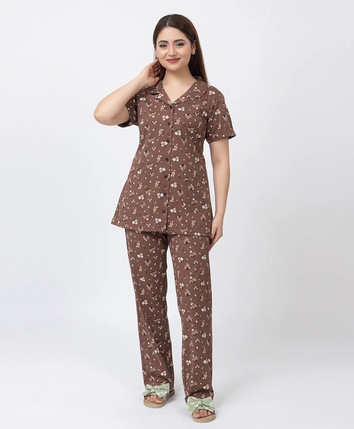 Floral Charm Front Open Night Suit