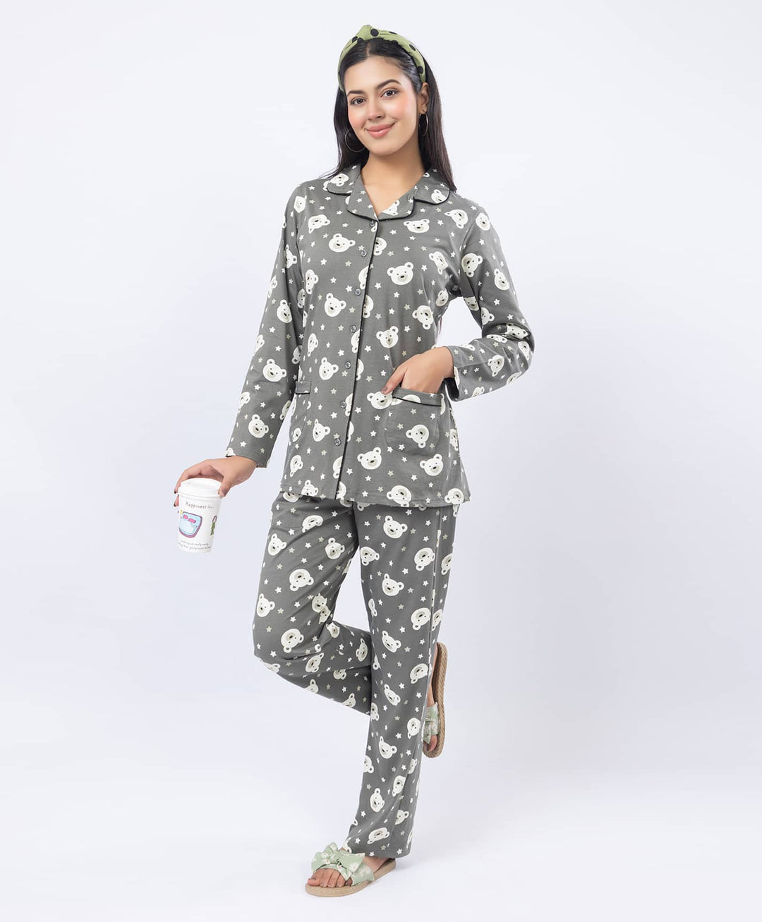 Printed Shirt Collar Front Open Night Suit Set
