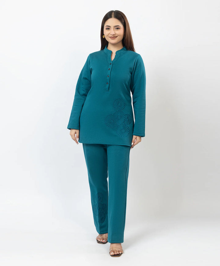 Band Collar Floral Embroidered Kurta and Straight Pants Set